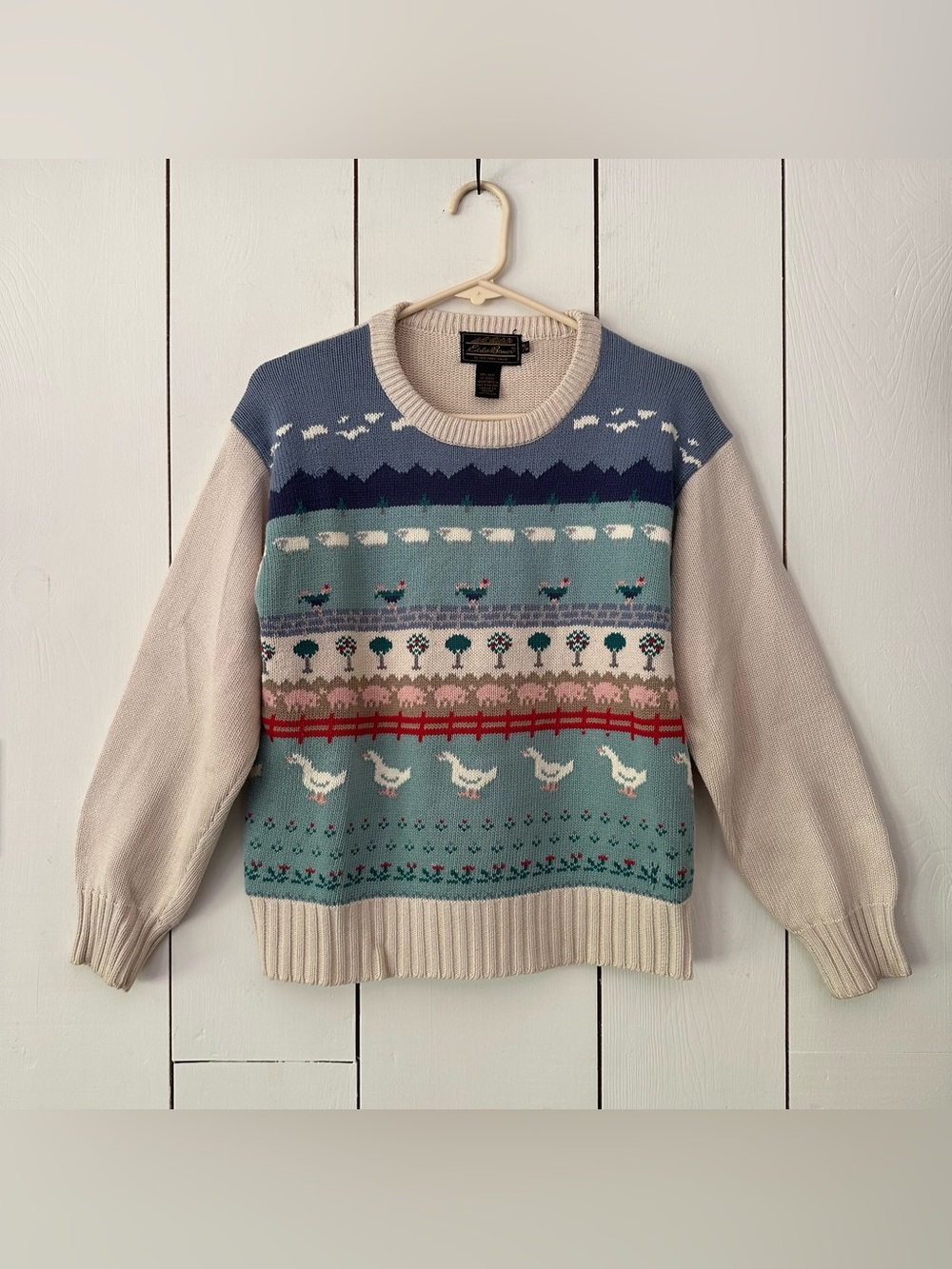 VTG 80s Eddie Bauer Sheep Pig Farm Sweater Sz L Cotton CottageCore